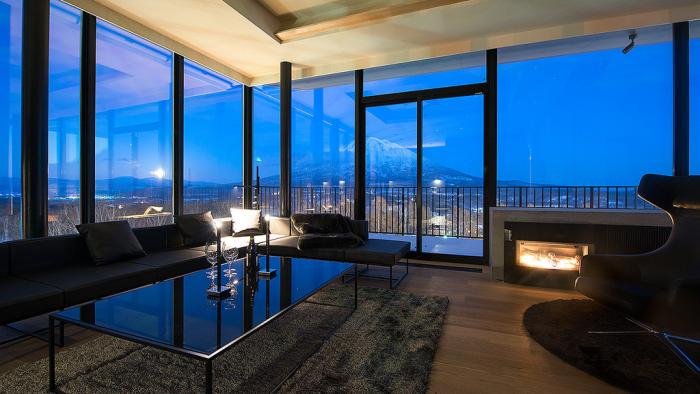 evening view from floor to ceiling windows