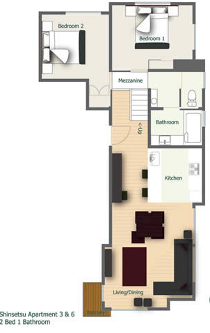 Shinsetsu floorplans for 2 bedroom 1 bathroom, Sleeps 4-5 people