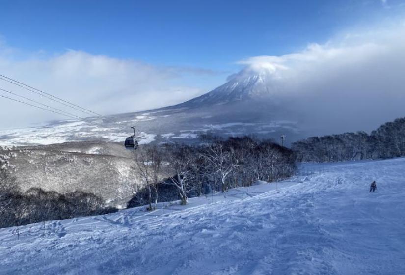 Mount Yotei in winter with the Hirafu Gondola to the left.