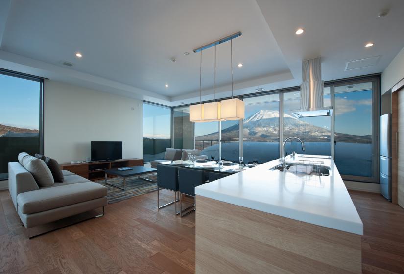 Kitchen counter with living area and winter yotei view