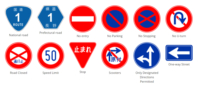 A collection of 12 Japanese road signs showing various traffic regulations including national and prefectural route markers, no entry, no parking, no stopping, no U-turn, road closed, speed limit (50), stop, scooters, directional indicators, and one-way street signs