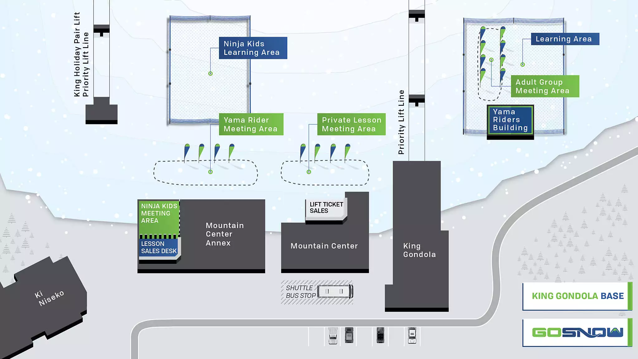 Go Snow Niseko map showing the King Gondola base area layout with building locations, pathways, and different zones marked in green and blue sections