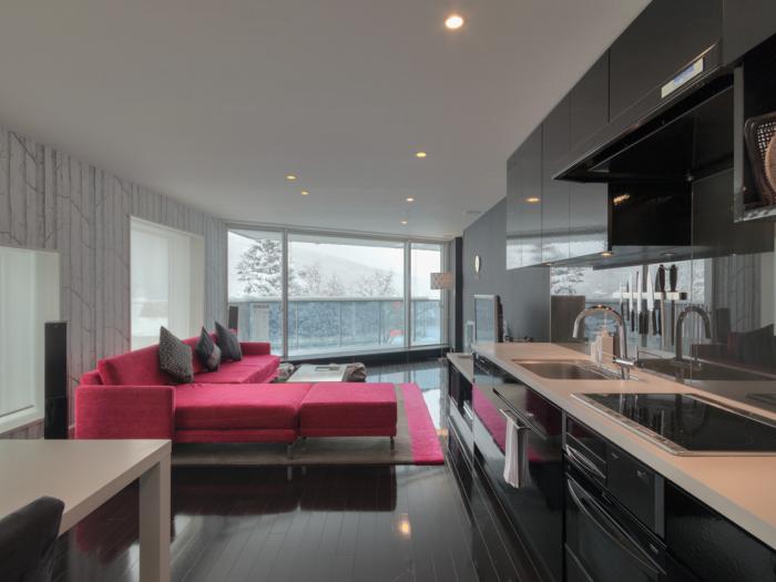 Kira Kira - red sofa with black kitchen red sofa with black kitchen