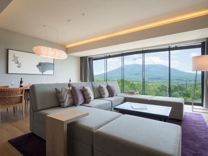 brown sofa on purple rug with mt yotei view