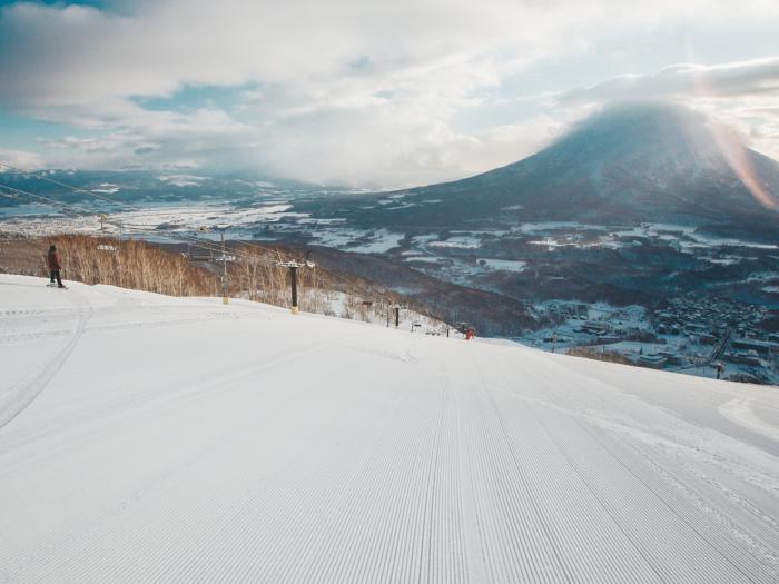 A groomed ski slope at Grand Hirafu Ski area
