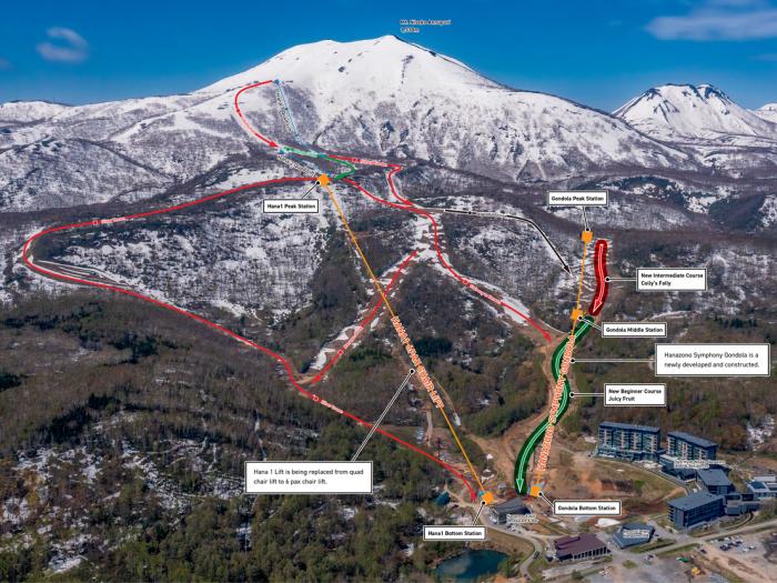 A photo of Hanazono ski resort with new lifts marked in red