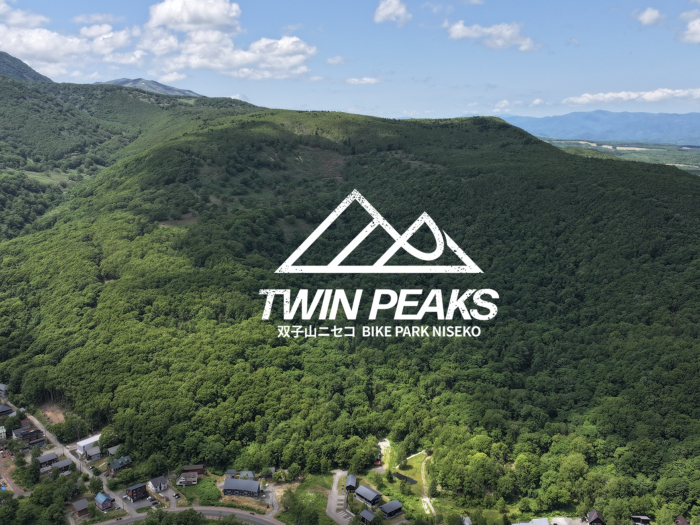A forested hill with Twin Peaks logo in front.