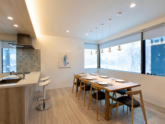 A dining table and kitchen bench