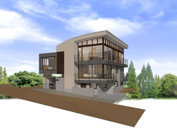 A CGI of a three story building with large eves