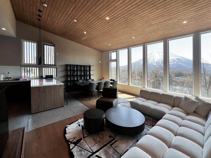 Aliving room with mount Yotei behind