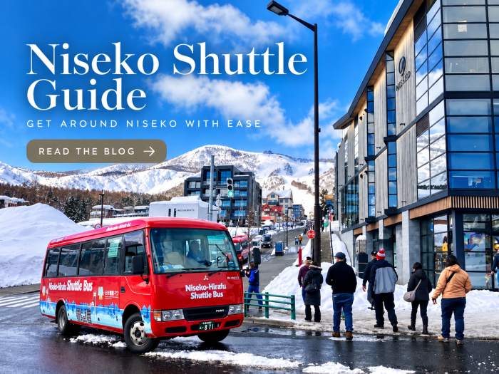The Niseko shuttle rounding a corner with mountain behind