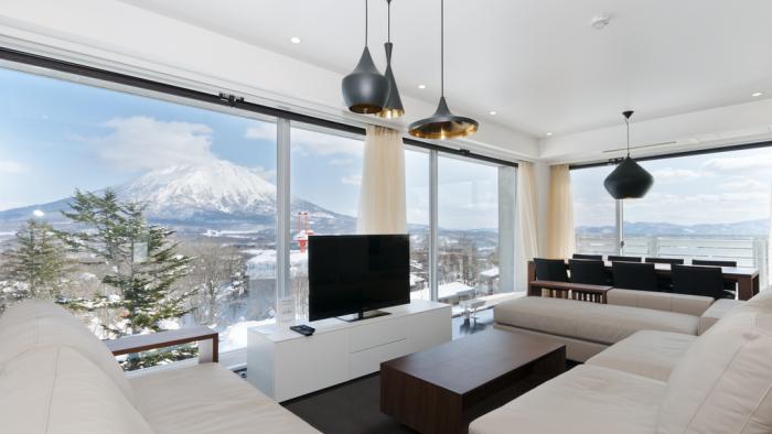 living area with tranquil view of Mt. Yotei