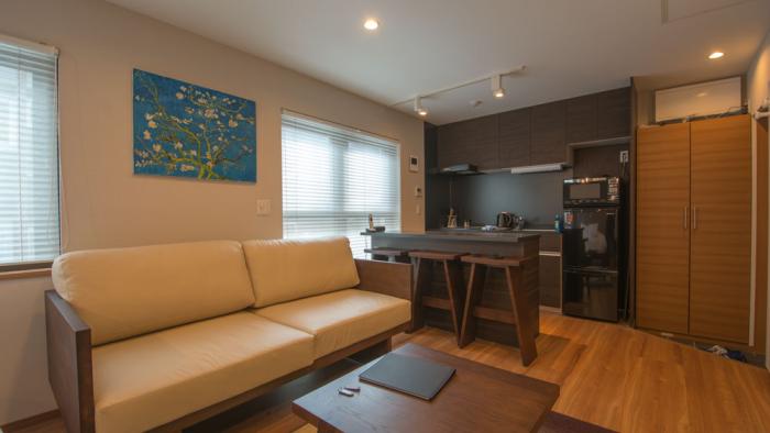 Flow Studio apartments living area with tan sofa