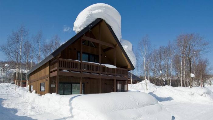 exterior of chalet with snow and trees