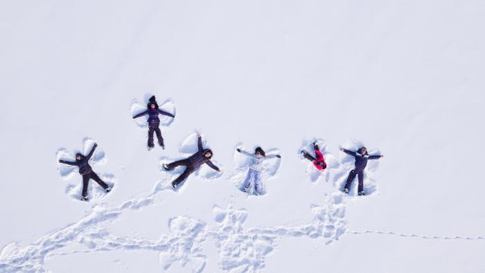 5 people making snow angels