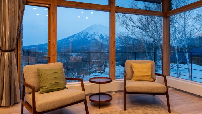 Akiyama living room evening Mt Yotei view