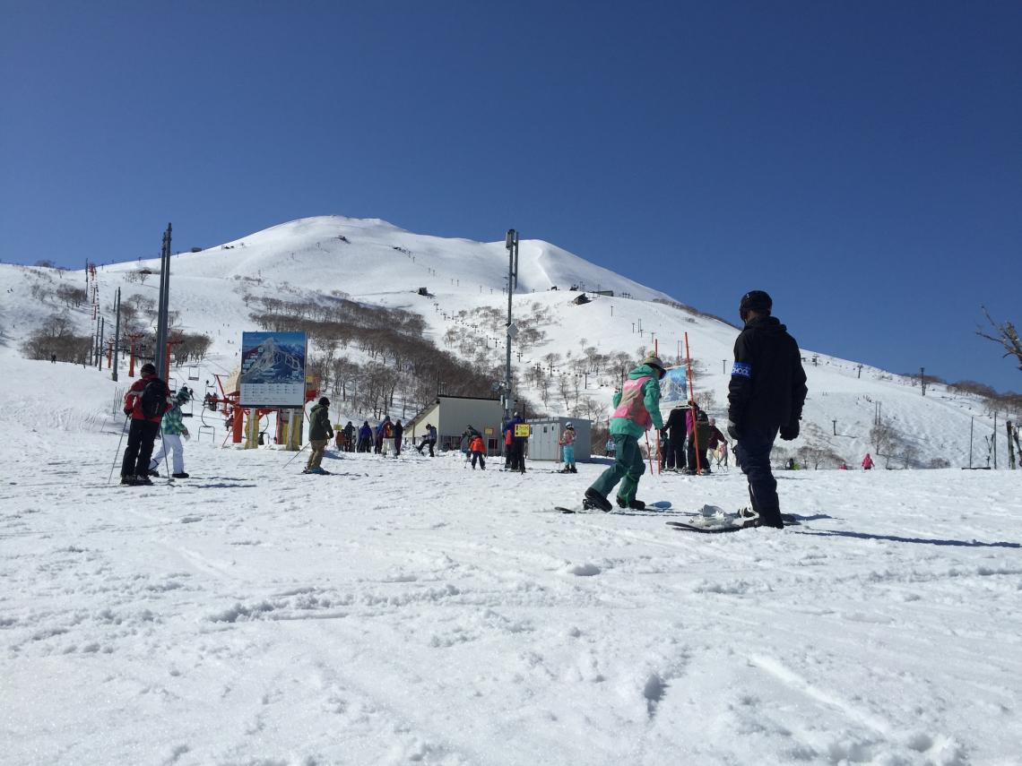 Skiers and snowboarders stand n a flat section of piste with the Hirafu upper mountain slopes above.