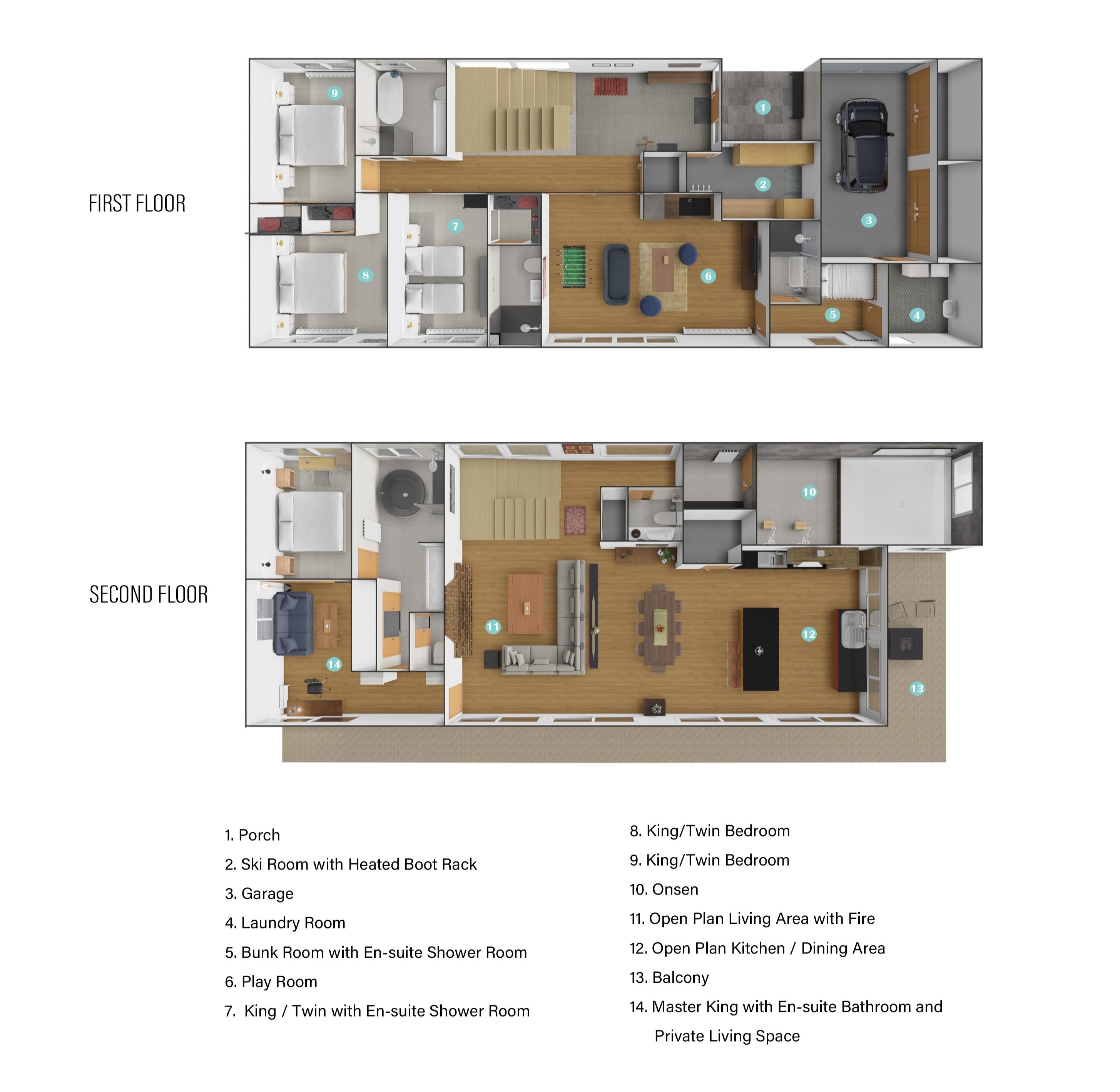 Floor plan of Nagare House showing both upper and lower levels with detailed room layout including four bedrooms, open living areas, and amenities in this restored 100-year-old Japanese farmhouse near Annupuri and Moiwa ski resorts.