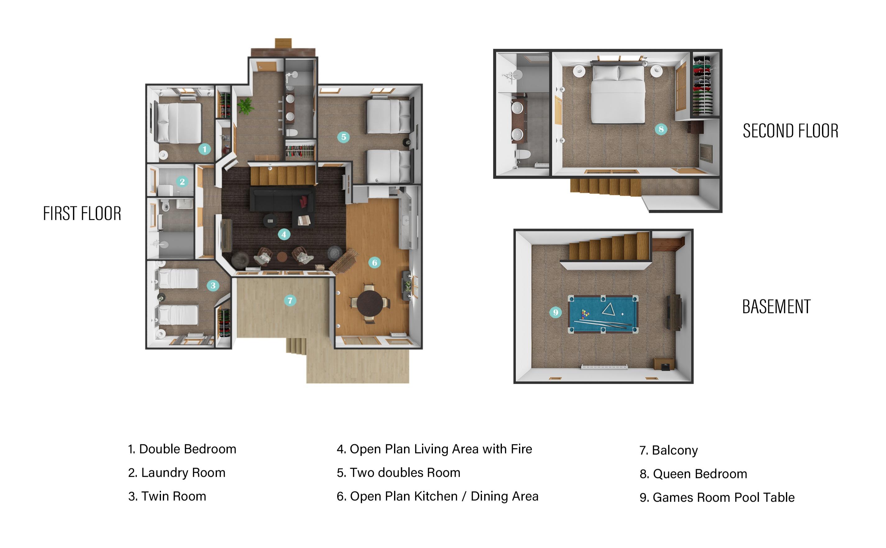 Floor plan diagram of Chalet Creekside showing both levels with labeled rooms including bedrooms, bathrooms, kitchen, living area, and basement recreation room with pool table.