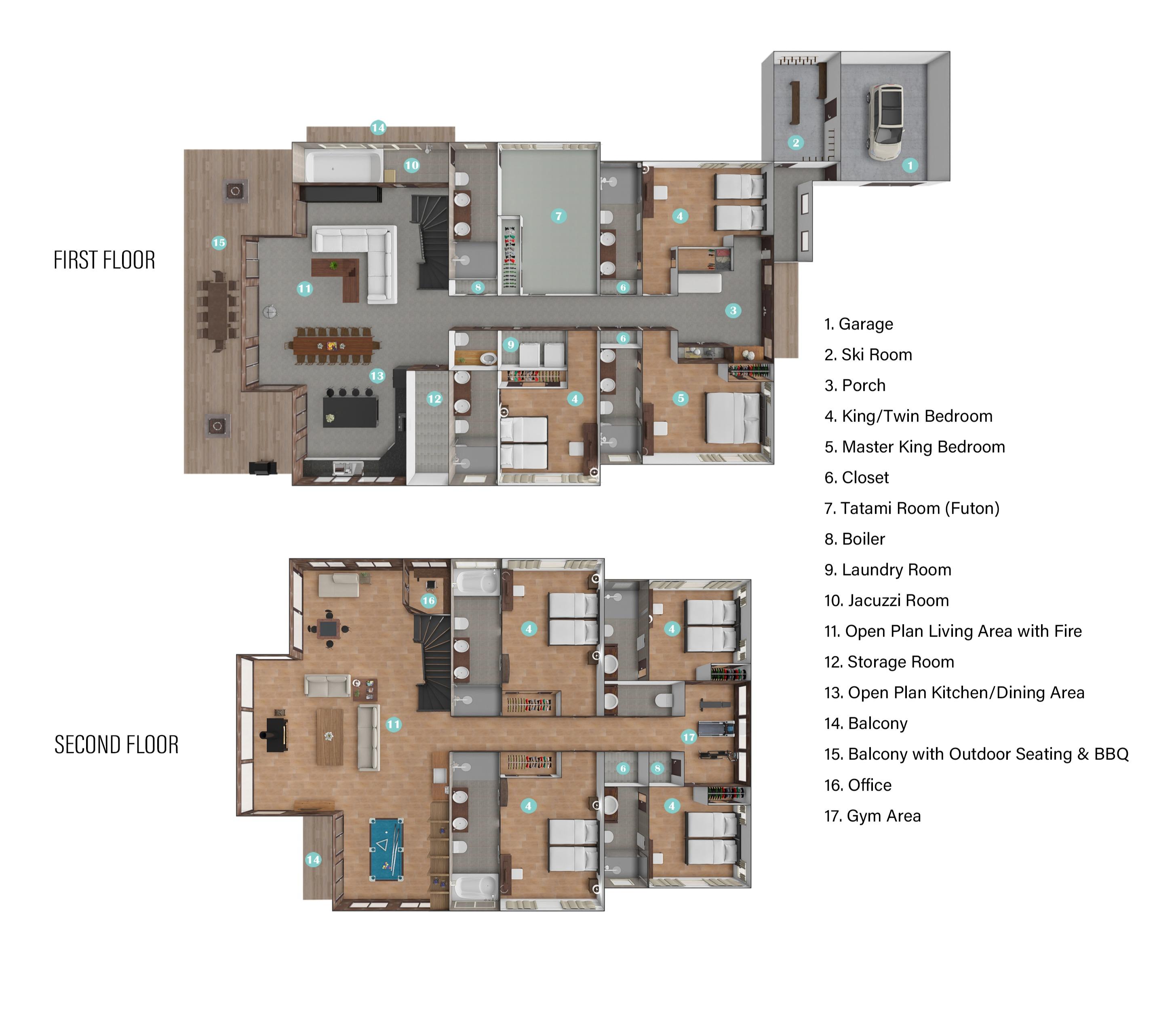 Comprehensive two-level floor plan of Chalet Kiraku showing the layout of 8 bedrooms with ensuite bathrooms, open-plan living areas, kitchen, dining room, jacuzzi room, gym, and ski storage facilities, providing potential guests with a clear visualization of this spacious luxury accommodation in Niseko.