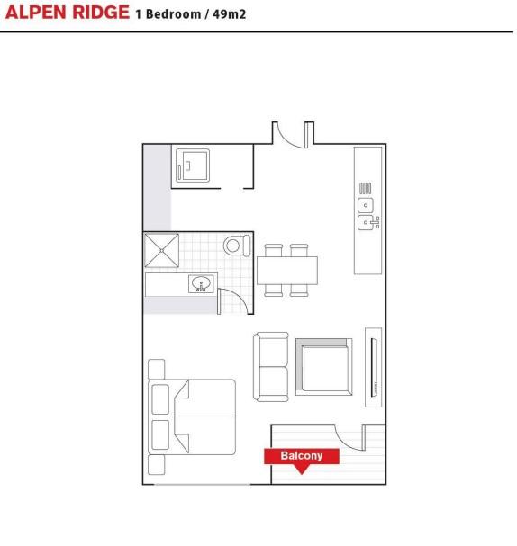 Alpen Ridge Niseko 1 bedroom floor plan showing efficient layout with bedroom bathroom open-plan kitchen living dining area and compact design perfect for couples or solo travelers seeking ski accommodation in Niseko