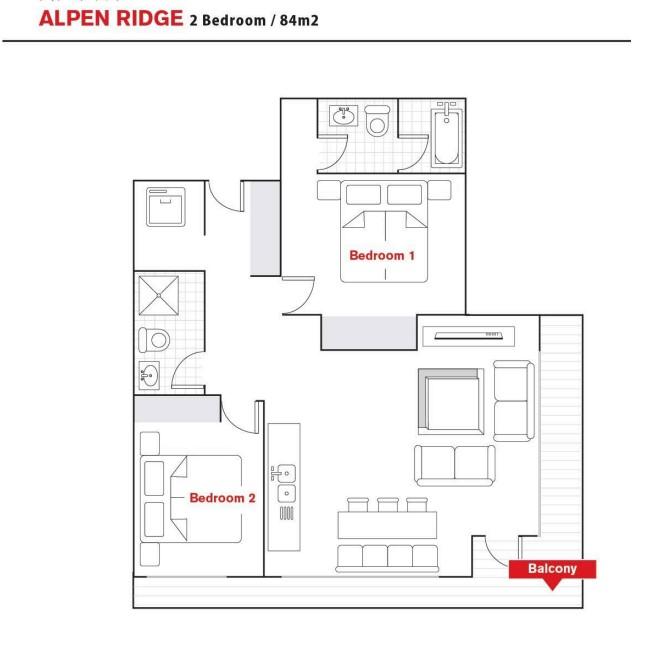 Alpen Ridge Niseko 2 bedroom floor plan showing spacious layout with master bedroom second bedroom two bathrooms open-plan living dining kitchen area and optimal ski accommodation design for families and groups