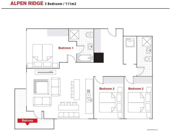 Alpen Ridge Niseko 3 bedroom floor plan displaying spacious layout with master bedroom two additional bedrooms multiple bathrooms open living dining kitchen area and thoughtful design for family ski holidays