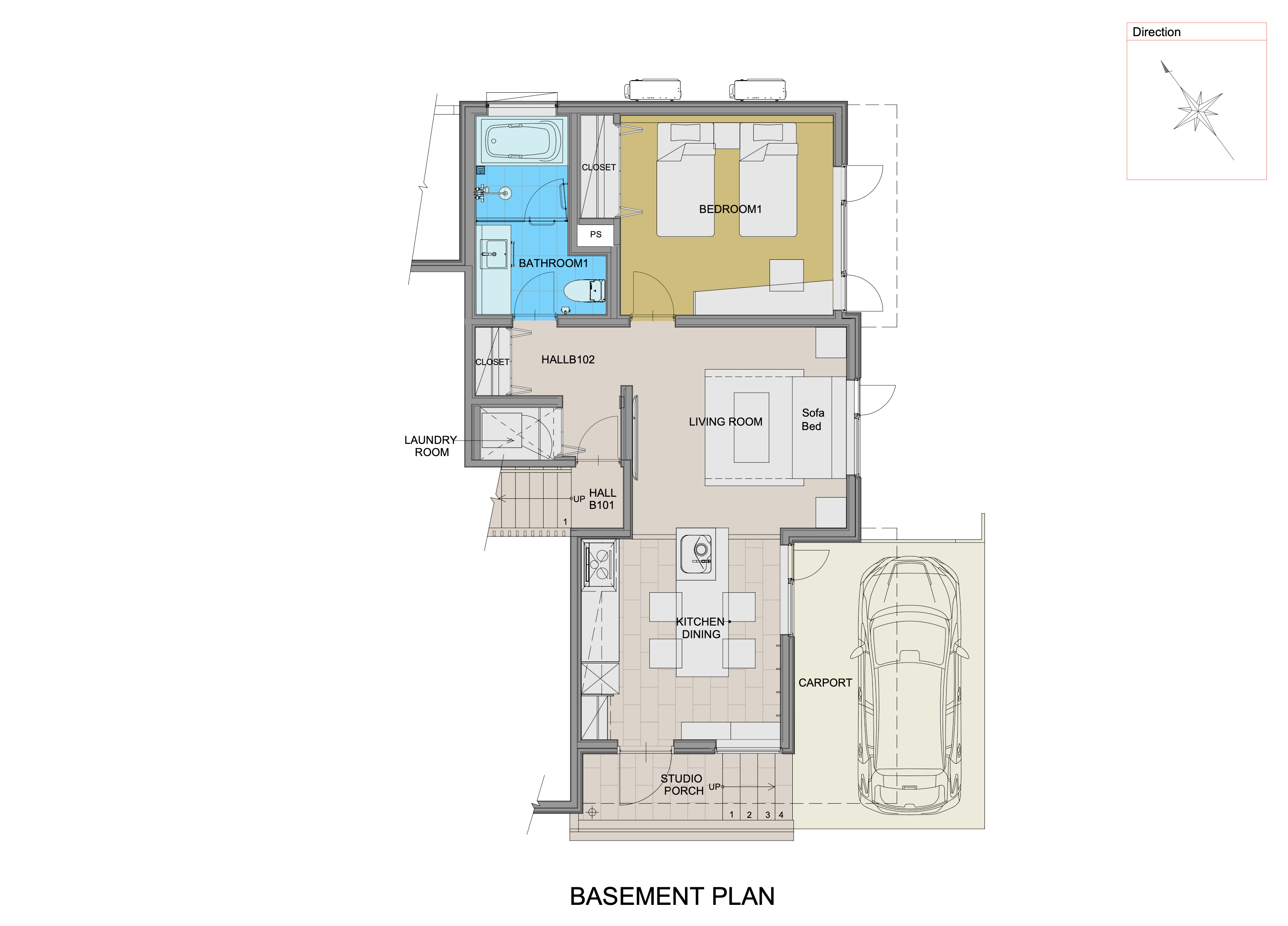 A colored floor plan of basement floor