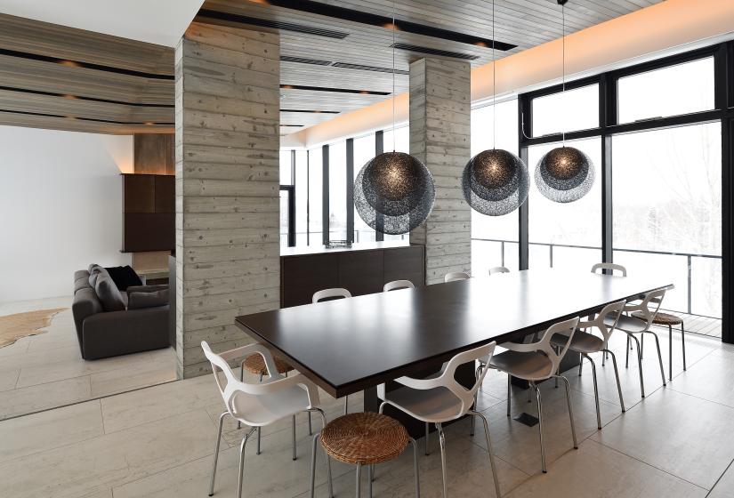 dining area with stone pillars