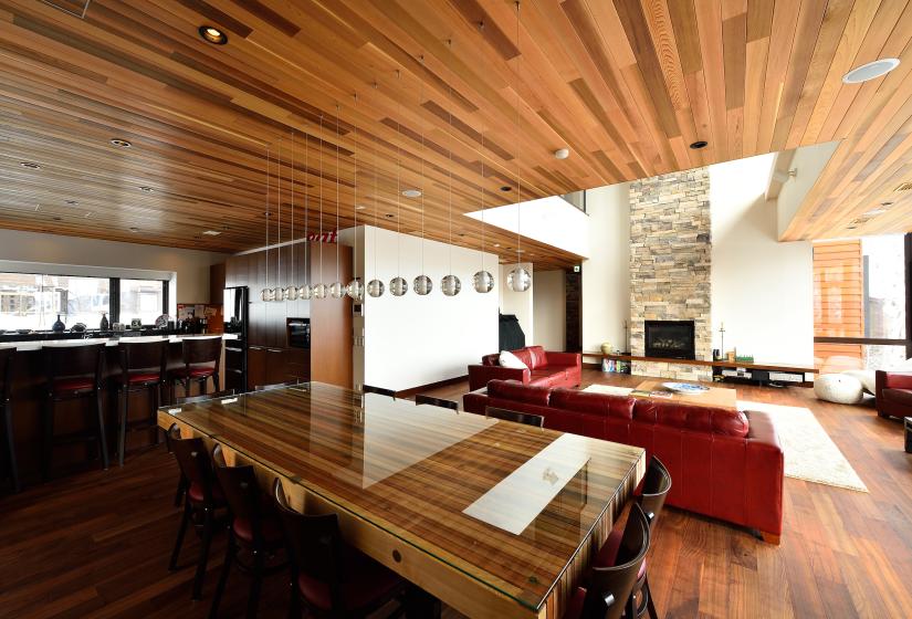 dining table with living area in background