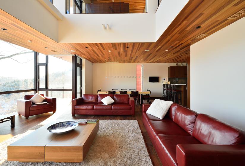 living area with red leather couches and coffee table