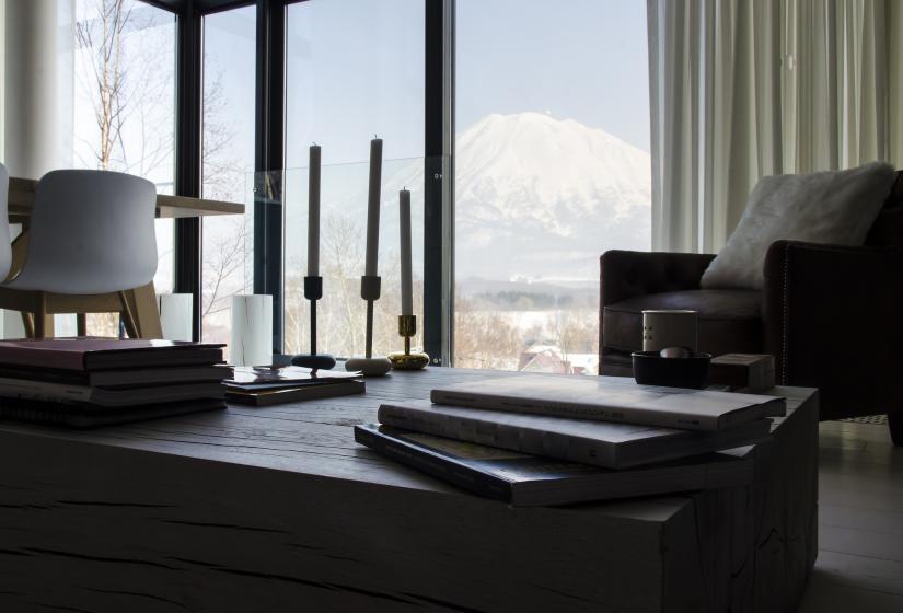 Mt. Yotei view from the living area coffee table
