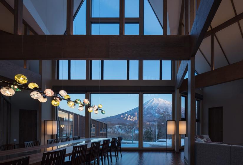 Dining table with view of Mt Yotei behind