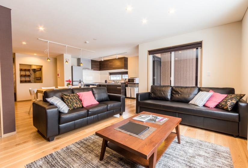 living area with kitchen in the background