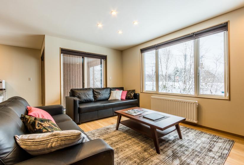 living area with sofas, coffee table, and winter view