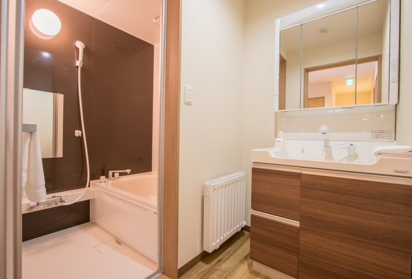 bathroom sink, mirror, and shower with bath tub