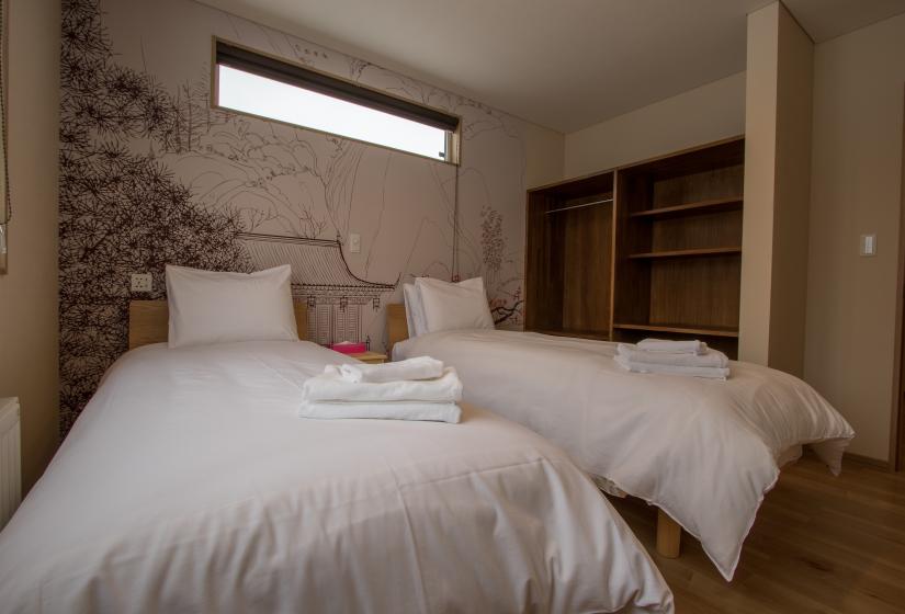 bedroom with Japanese temple wallpaper