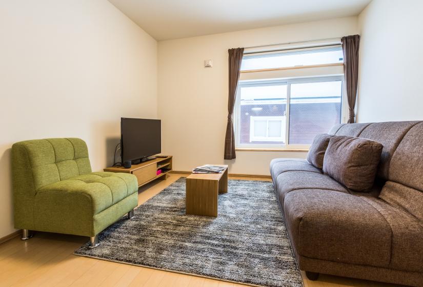 Lodge Mori tv and green and brown couches