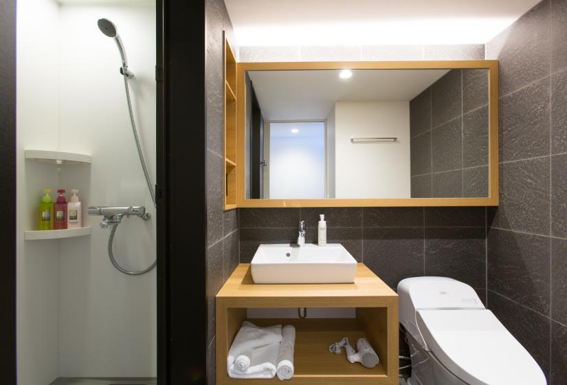 Unit bathroom with large black tiles