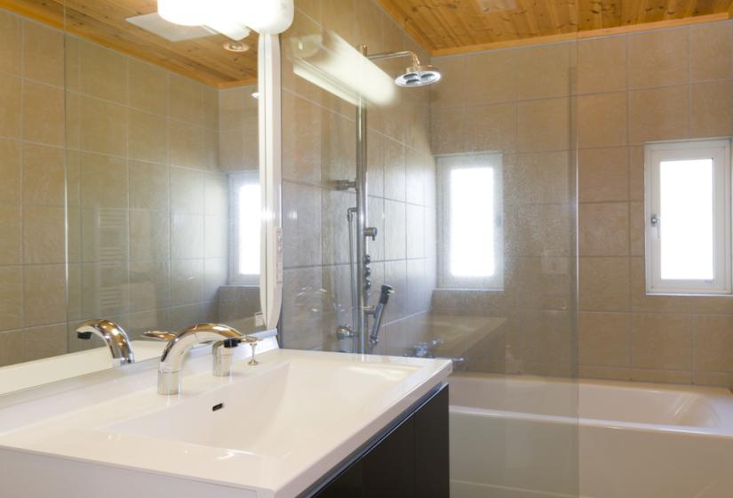 bathroom sink and shower with glass door