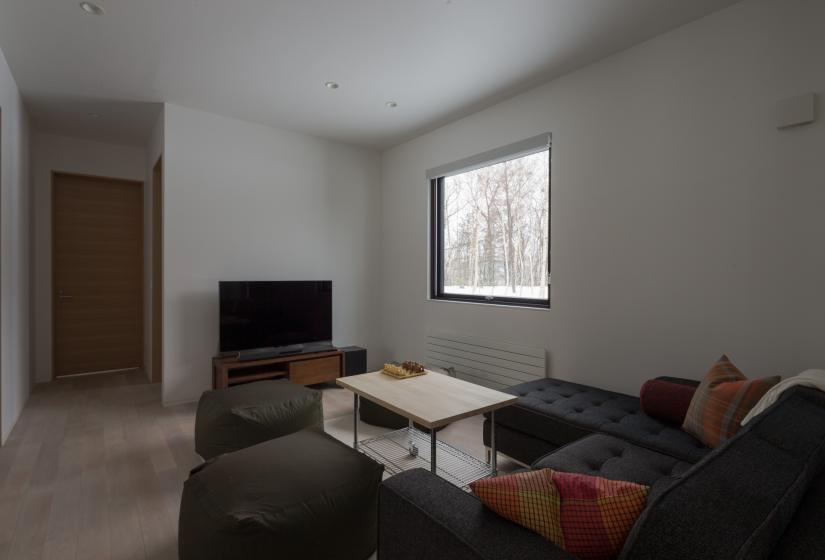 Living area with couches, coffee table, TV