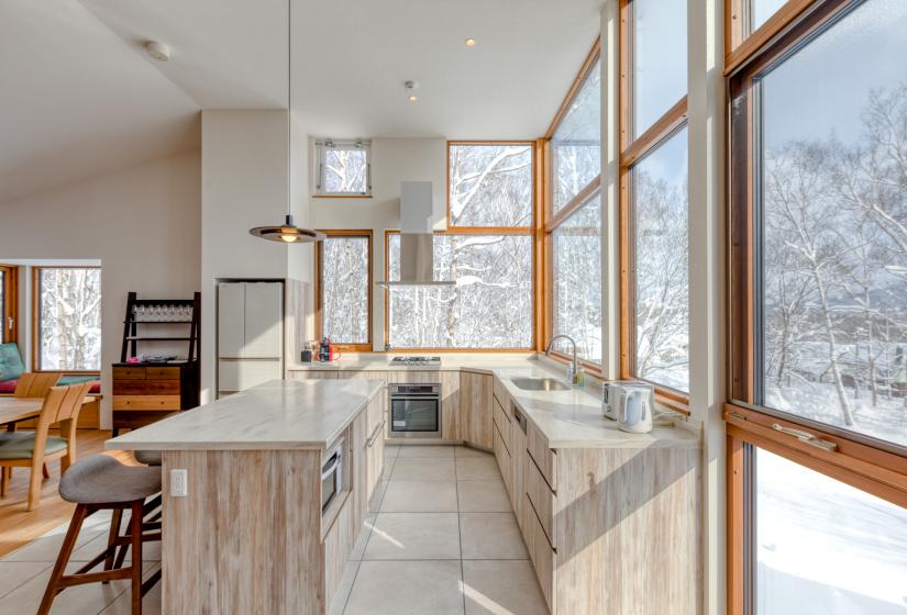 kitchen with bar and lights