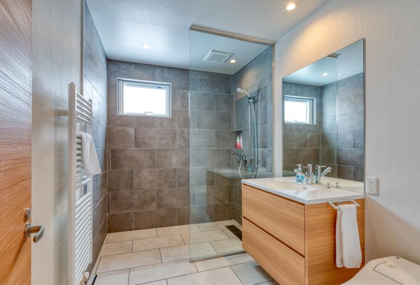 shower with sink and mirror.