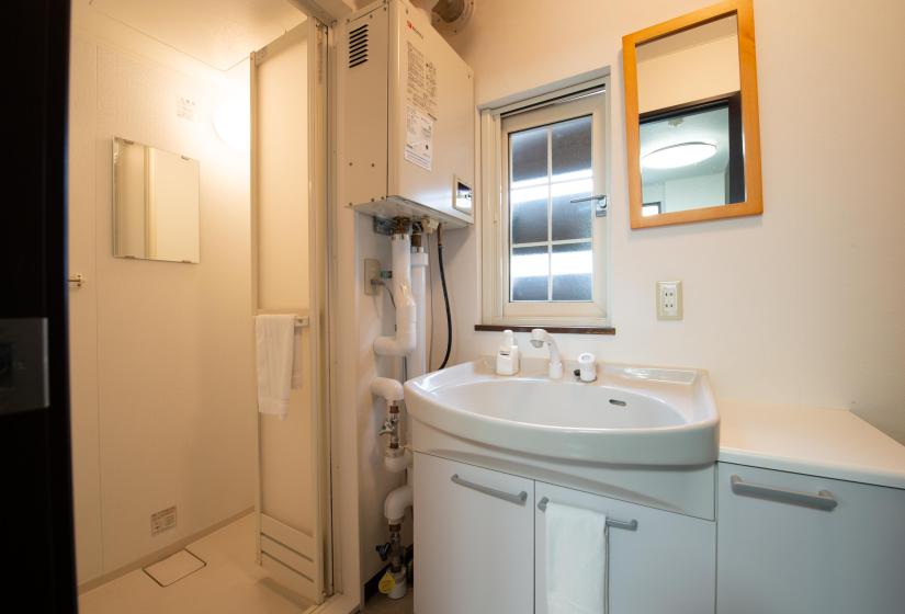 white vanity sink and shower