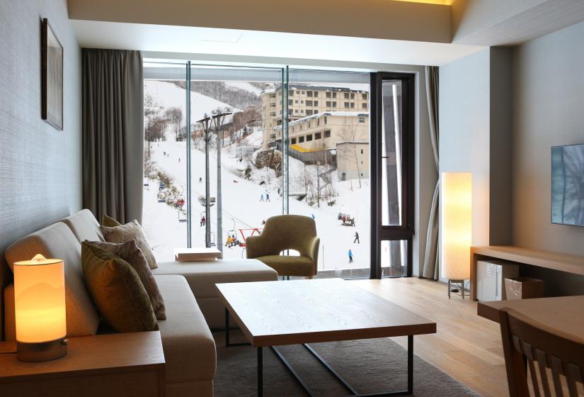 view of ski run from living room