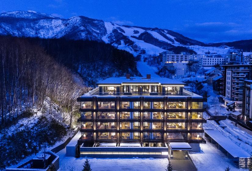 Aya Niseko is one of Hirafu's best luxury ski in ski out options with incredible attention to detail inside and out. Aya exterior view in winter