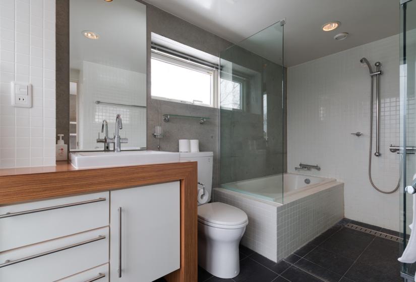 Ise bathroom with shower and small tub