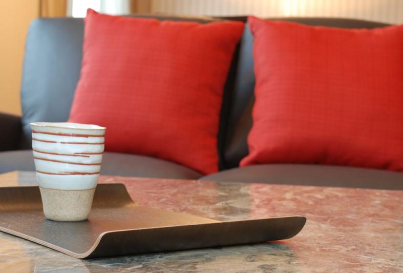 fancy serving tray with tea and red pillows in background