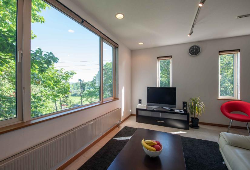 window view of trees and valley with coffee table in forground