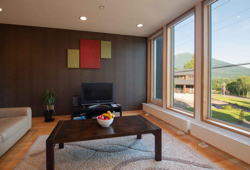 brown coffee table with mountain view